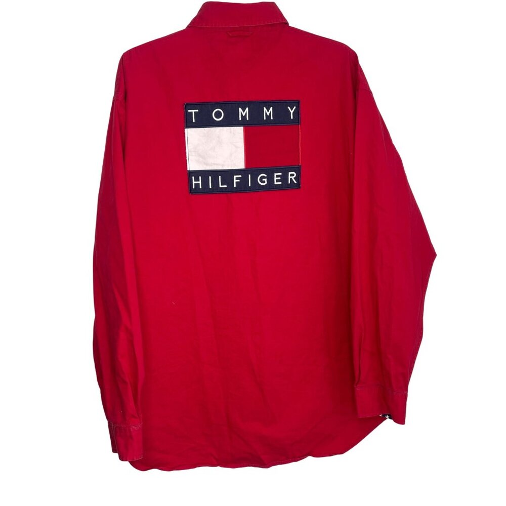 Vintage Tommy Hilfiger Button Down Red Shirt Logo Patch Embroidered USA Size L